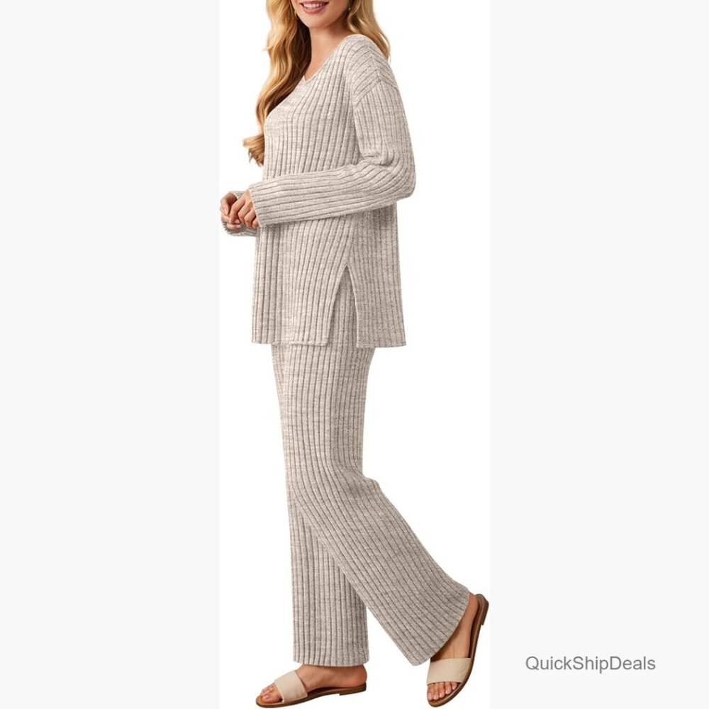 Ribbed Knit Lounge Set, V-Neck Top with Side Slits, Wide Leg Pants